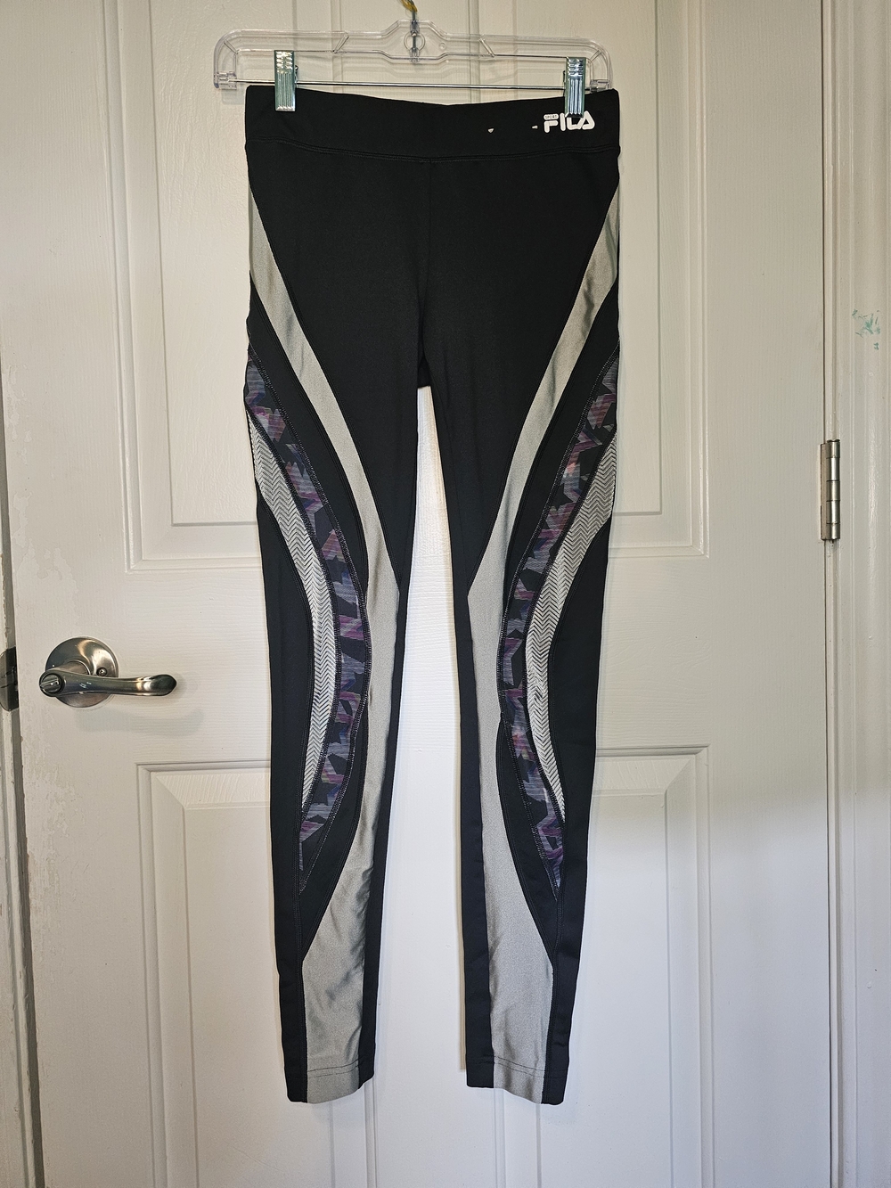 FILA Black Leggings with Gray Panels and Purple Mesh Accents Women's Sz S